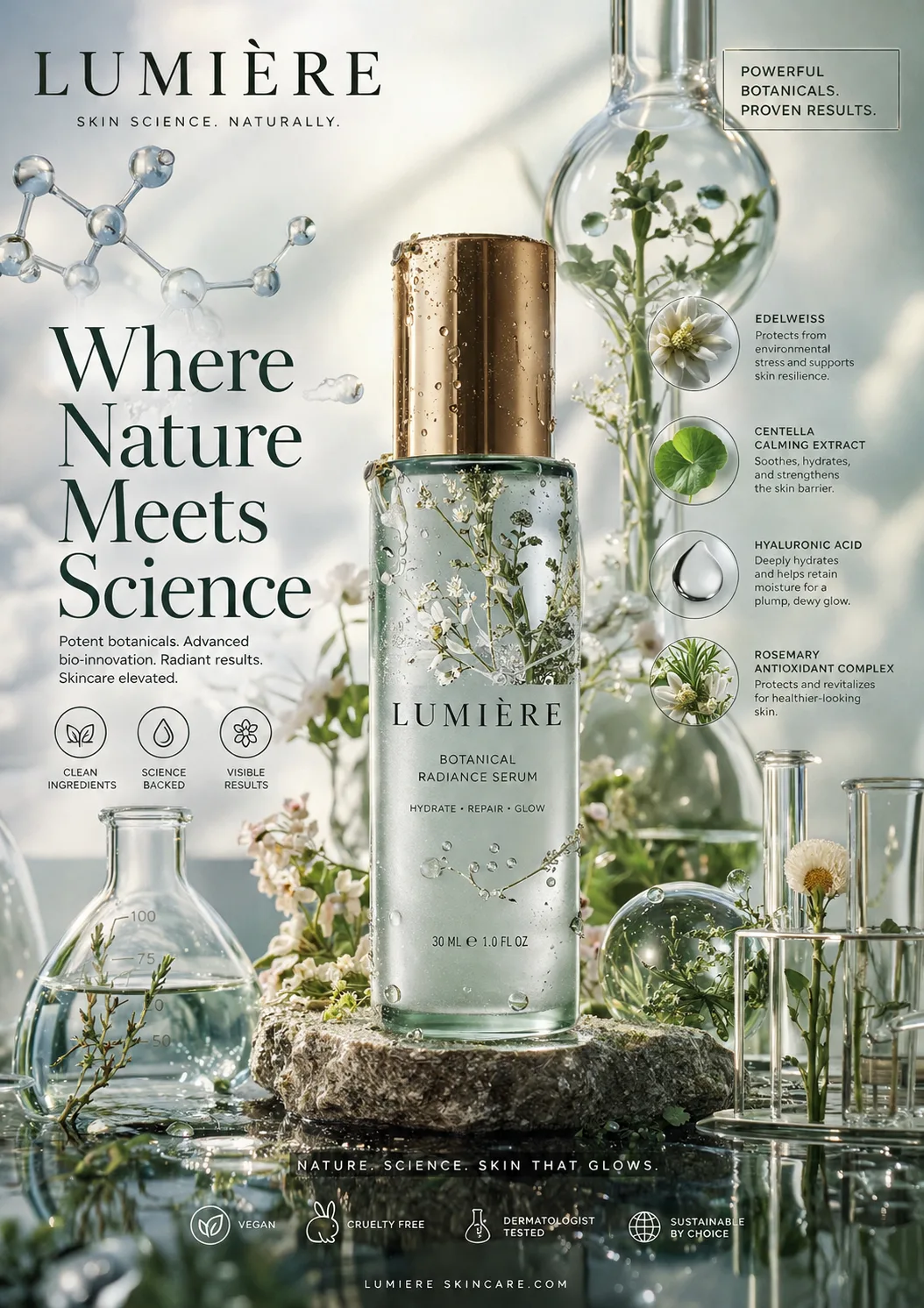 luxury skincare campaign — botanical-science hero product