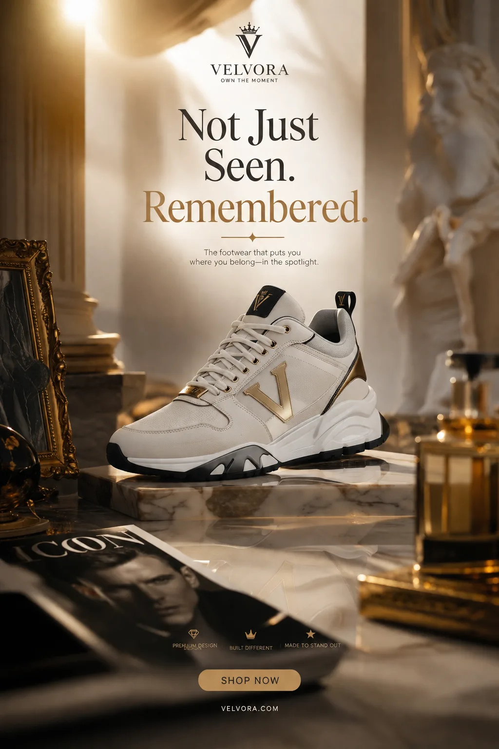 Editorial luxury sneaker ad — central-focus cinematic composition