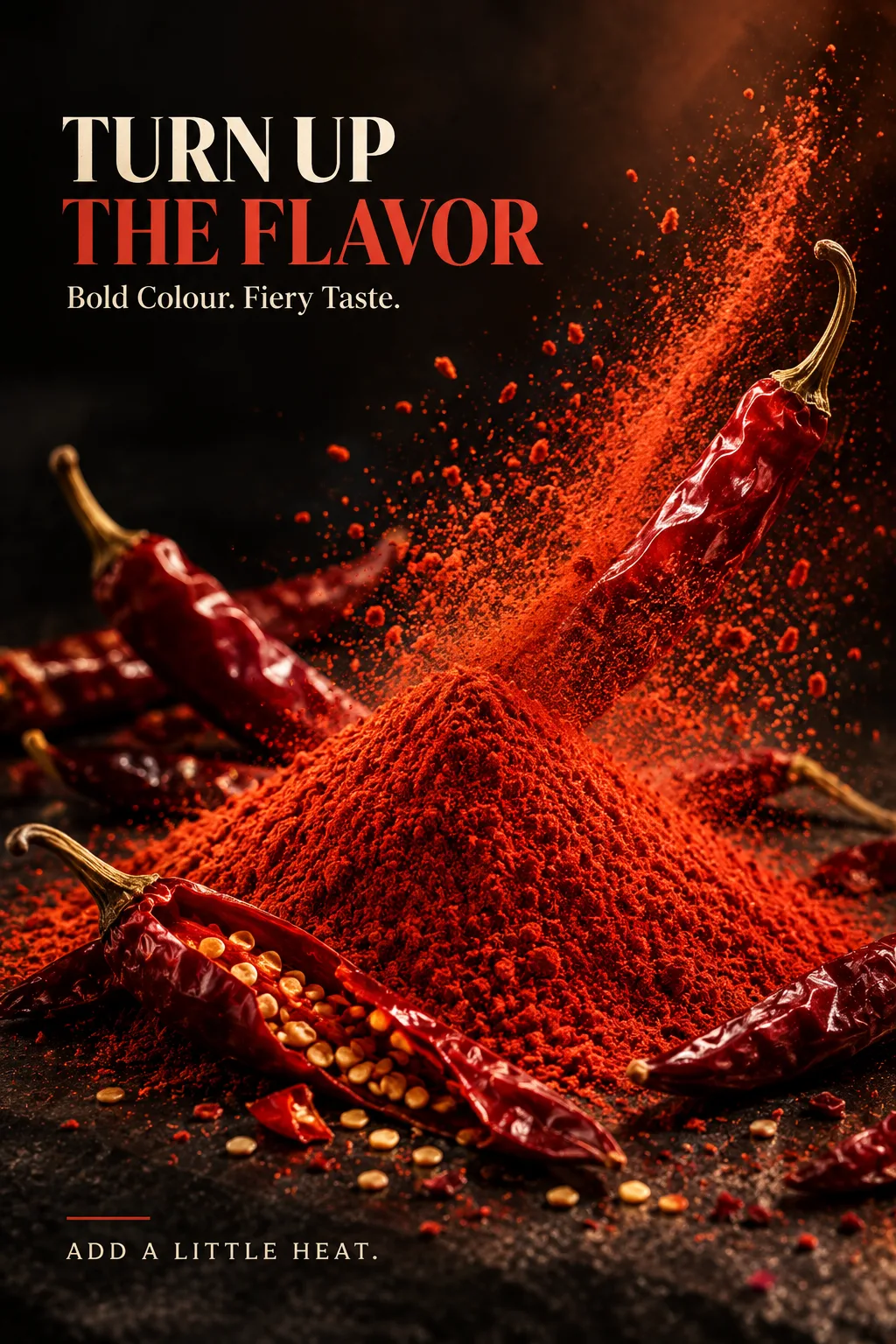 premium indian red chilli powder commercial ad — dramatic crimson hero shot