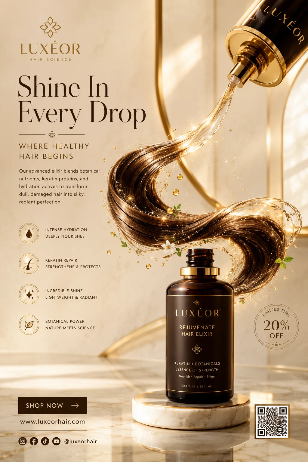 ultra-premium haircare hero: serum-sculpted hair wave