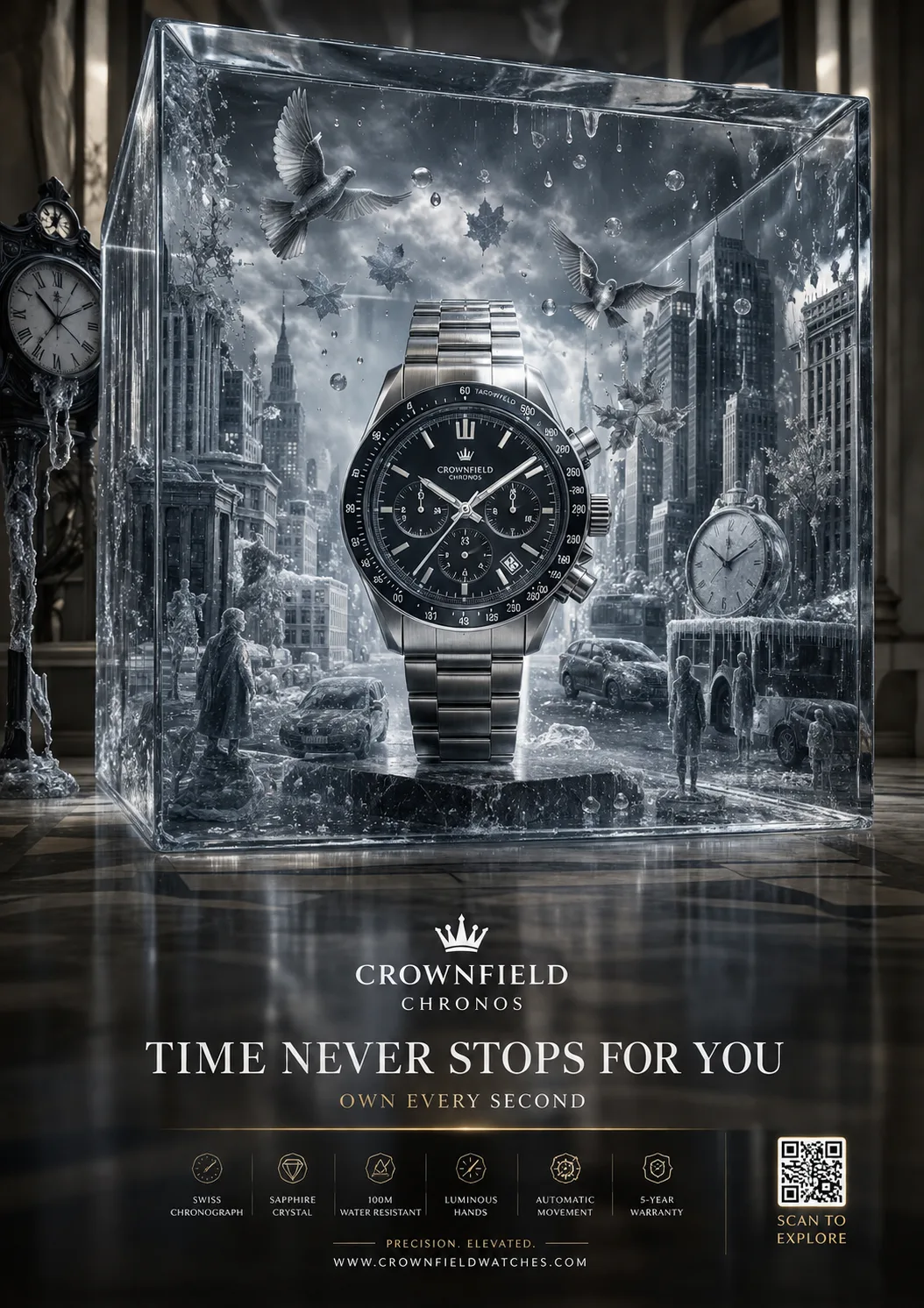 ultra-premium watch campaign — crystal cube time-stopper