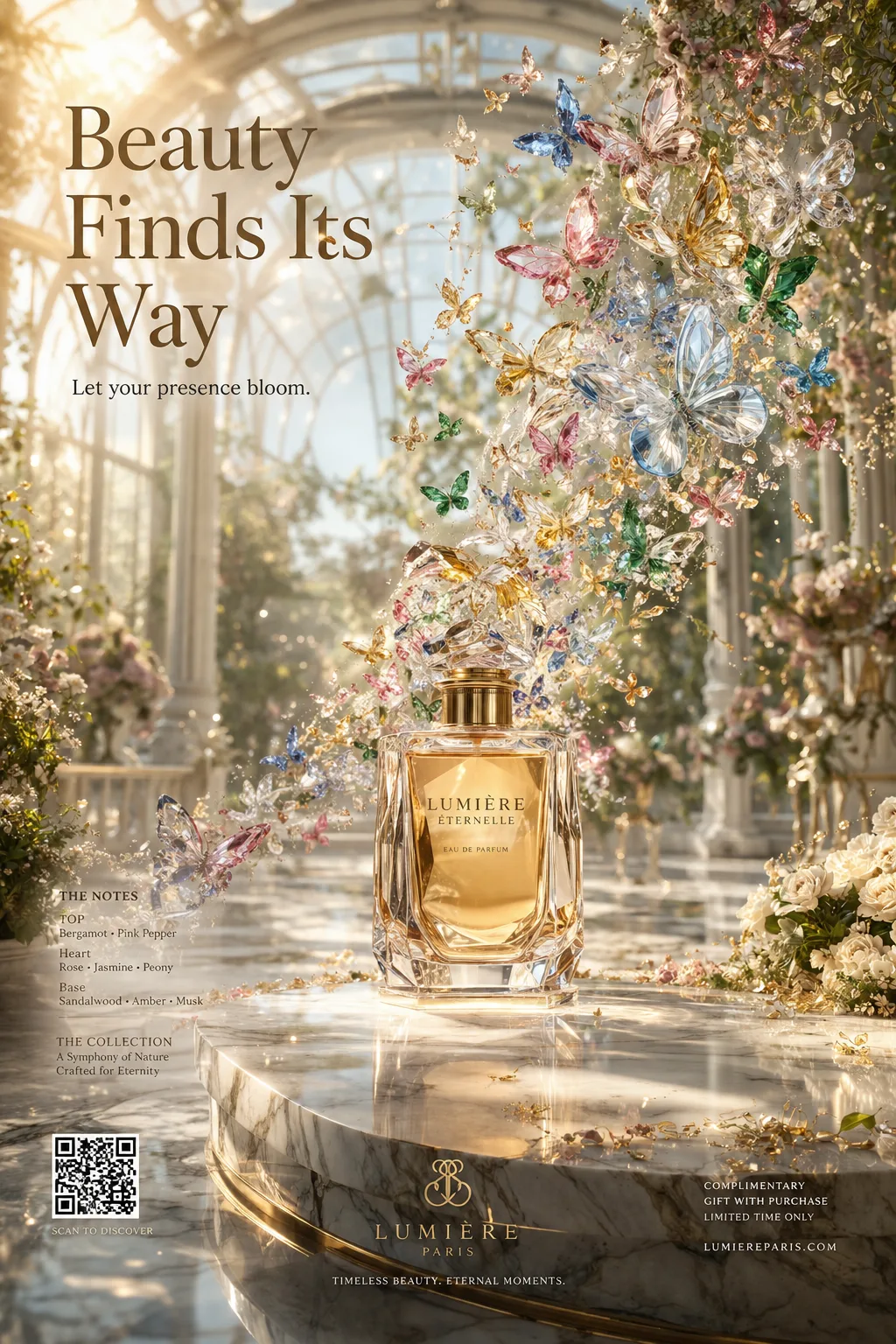 ultra-premium fragrance campaign — crystal-butterfly bottle assembly