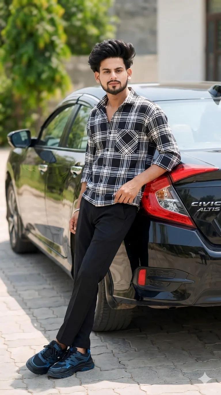 A stylish young boy leans casually against the black Honda Civic Altis