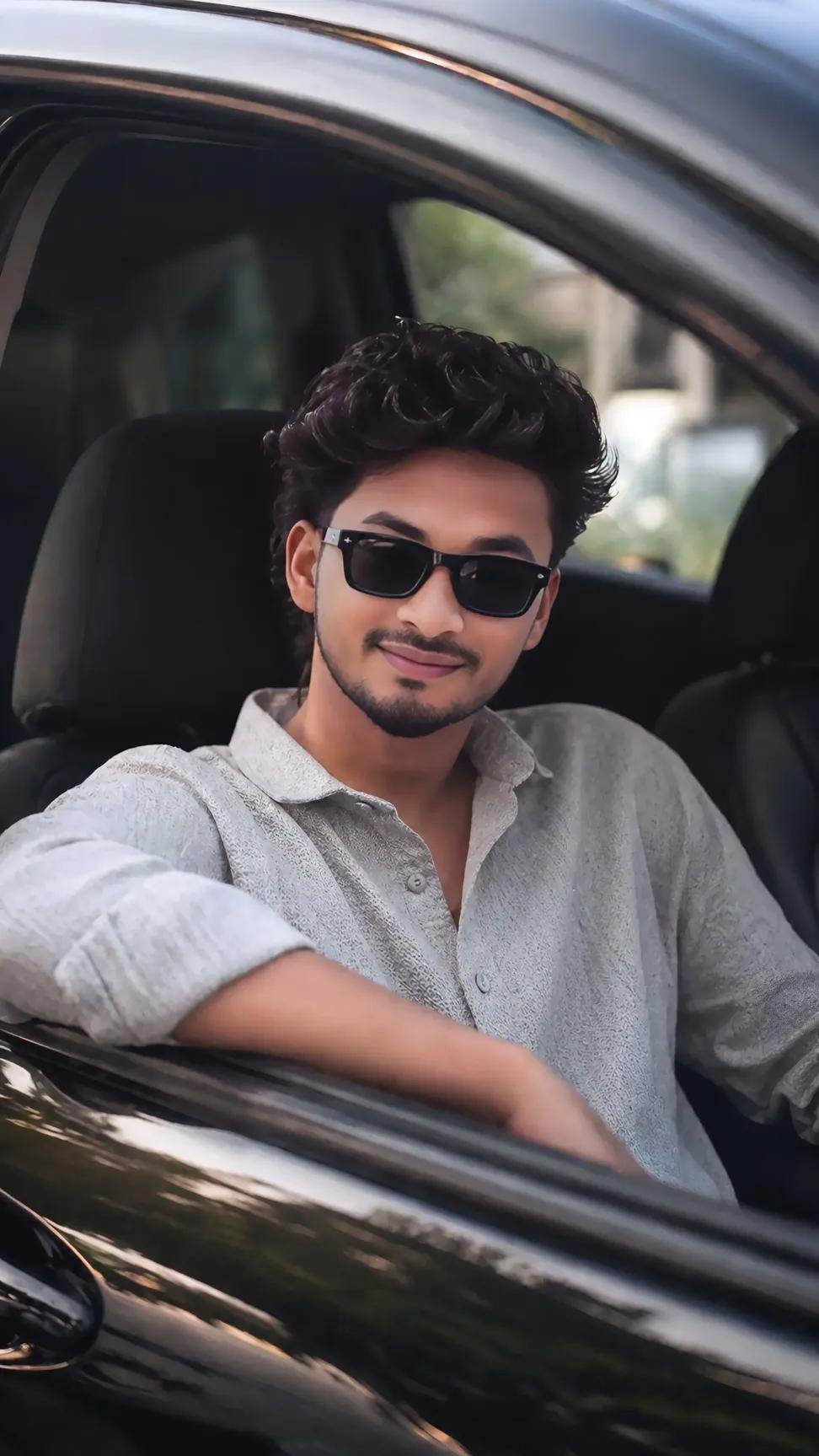 Stylish young man seated inside a car