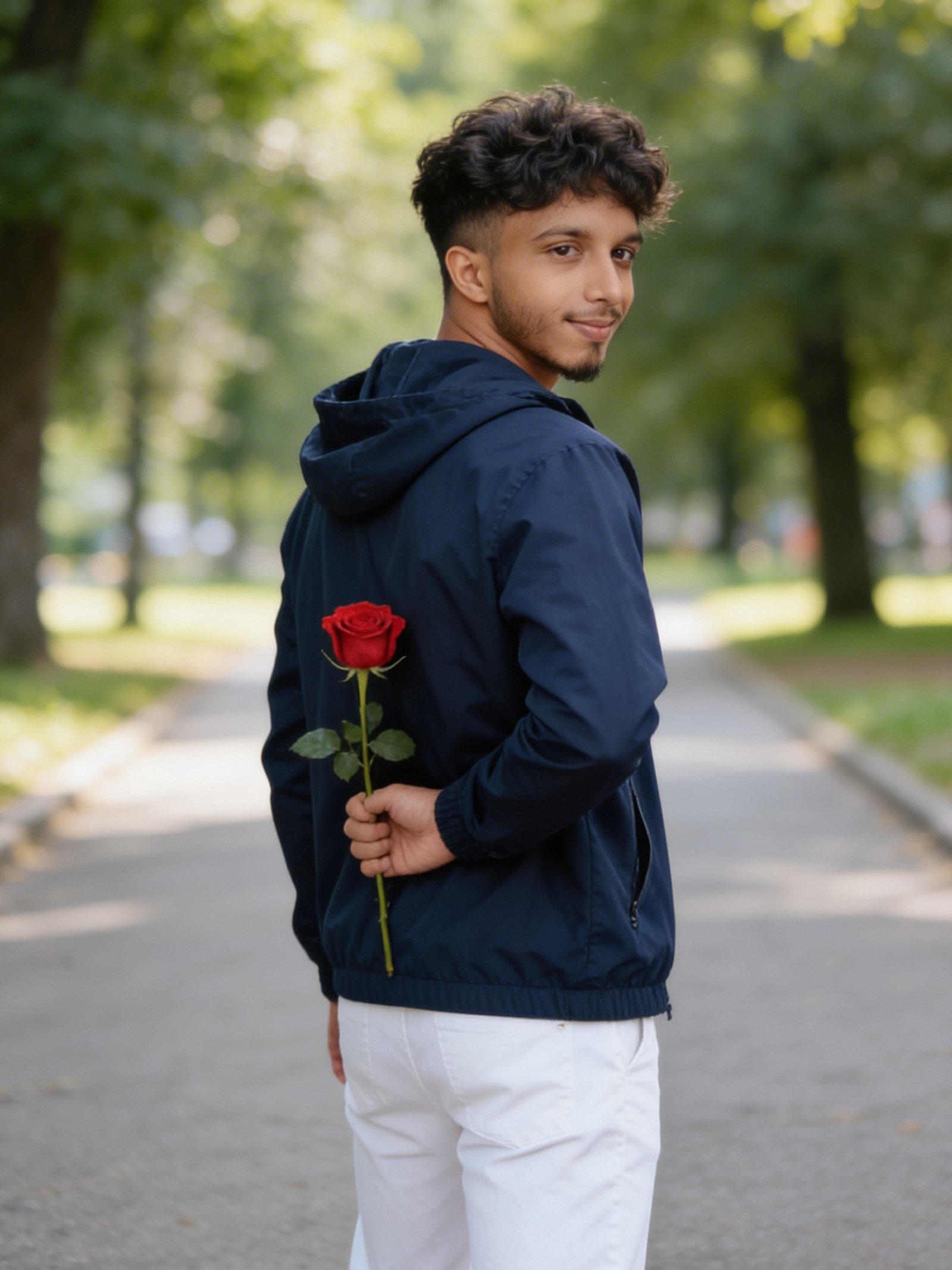 Holding a single red rose