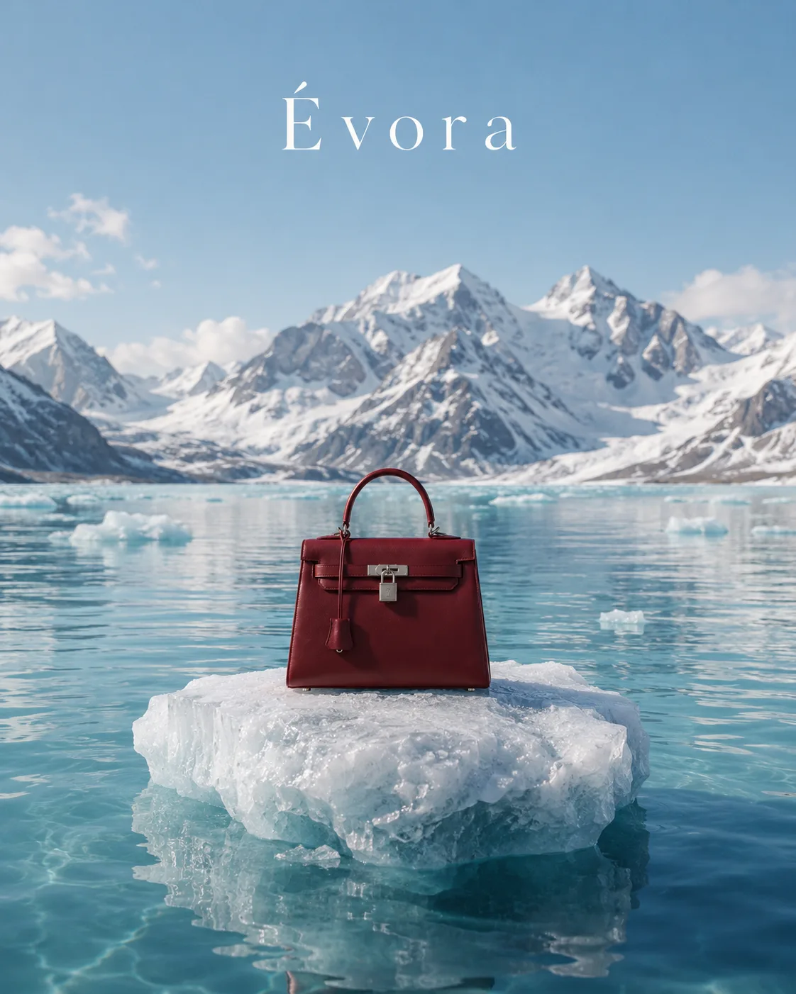 ultra-premium luxury handbag on arctic iceberg
