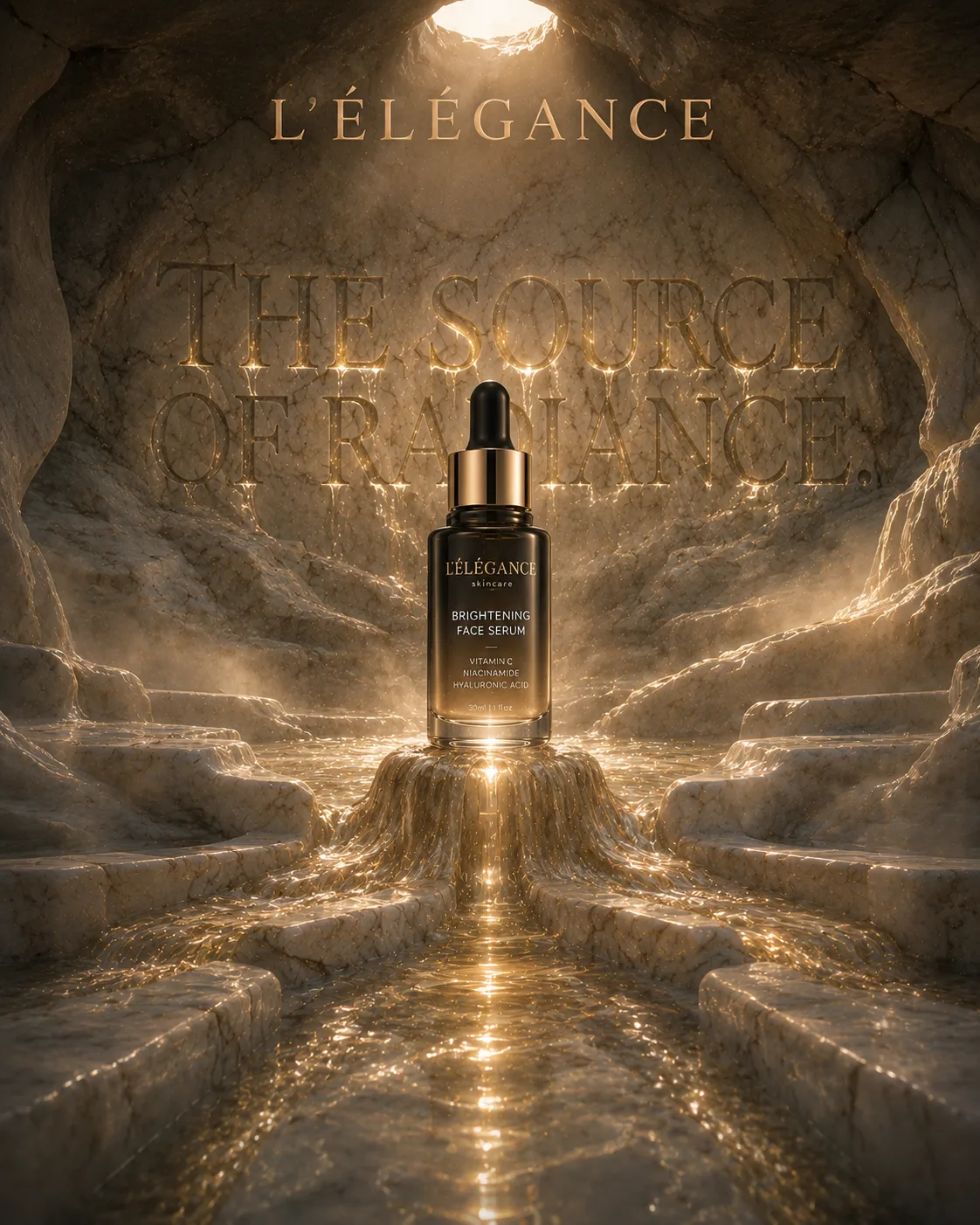L'ÉLÉGANCE — The Source of Radiance luxury face serum campaign