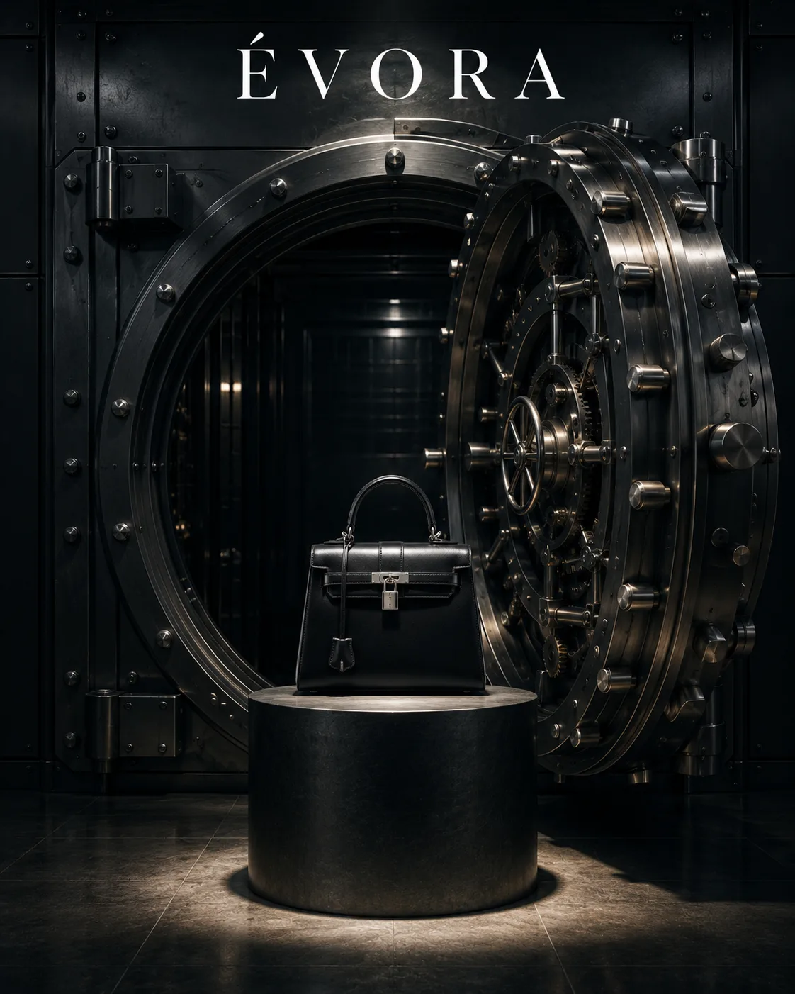 ultra-premium handbag in open bank vault campaign