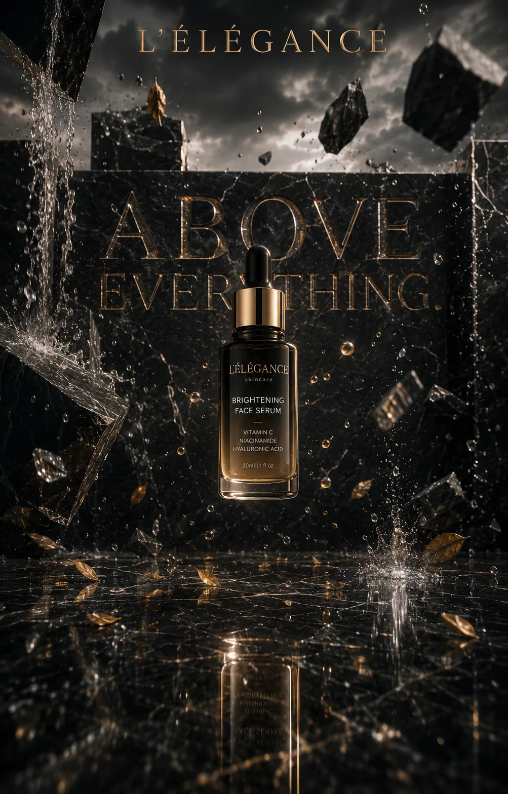 L'ÉLÉGANCE: Above Everything — floating serum in black marble