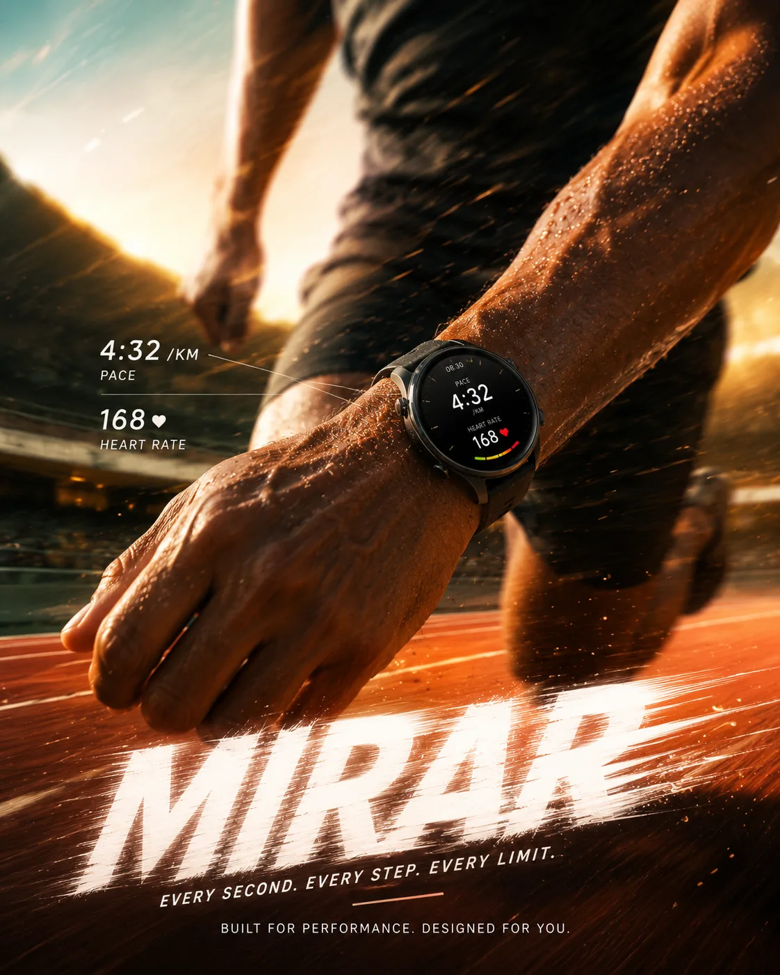ultra-premium smartwatch lifestyle ad — kinetic action-sports hero shot