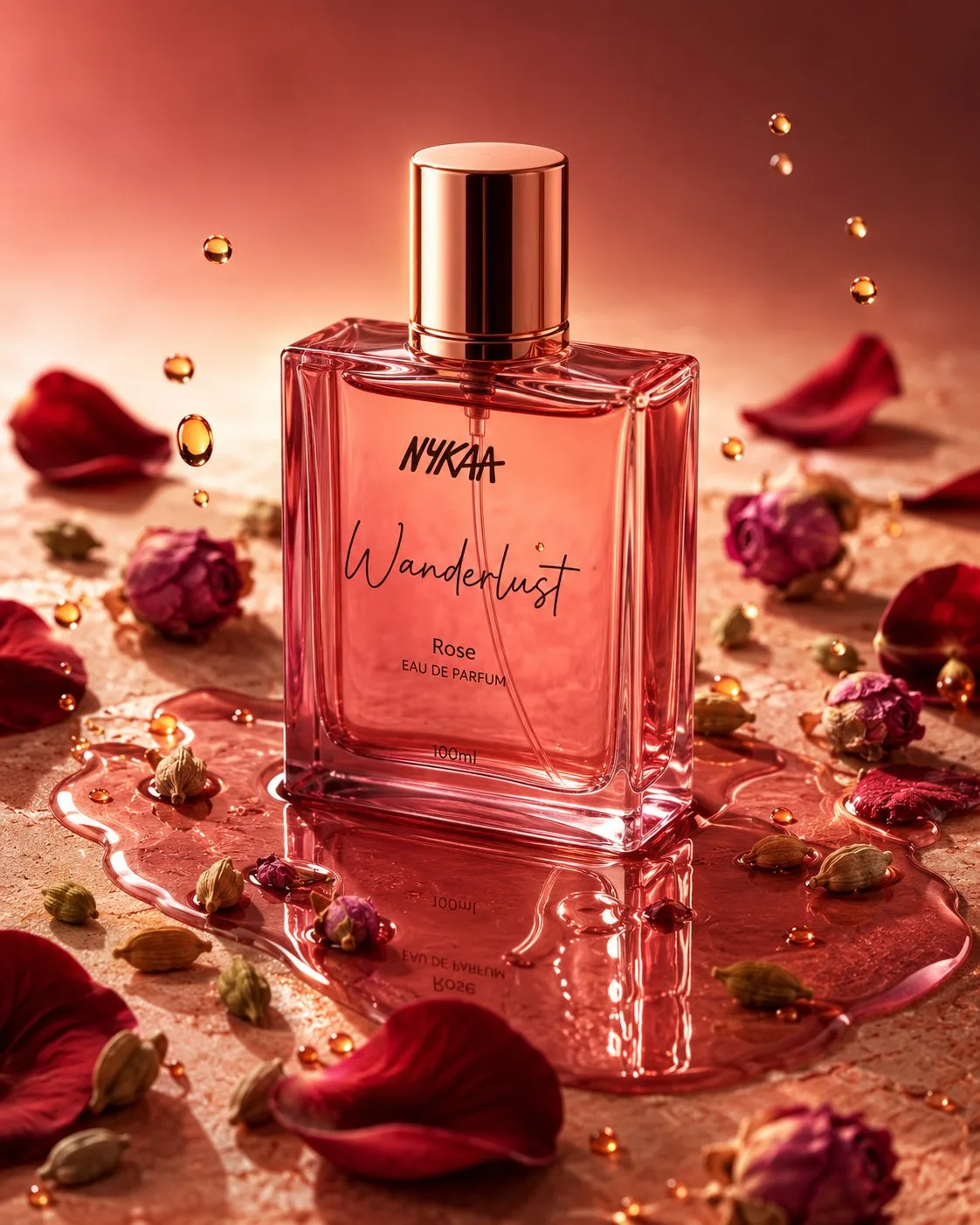 Nykaa Wanderlust Rose EDP bottle on blush stone with spilled rose pool