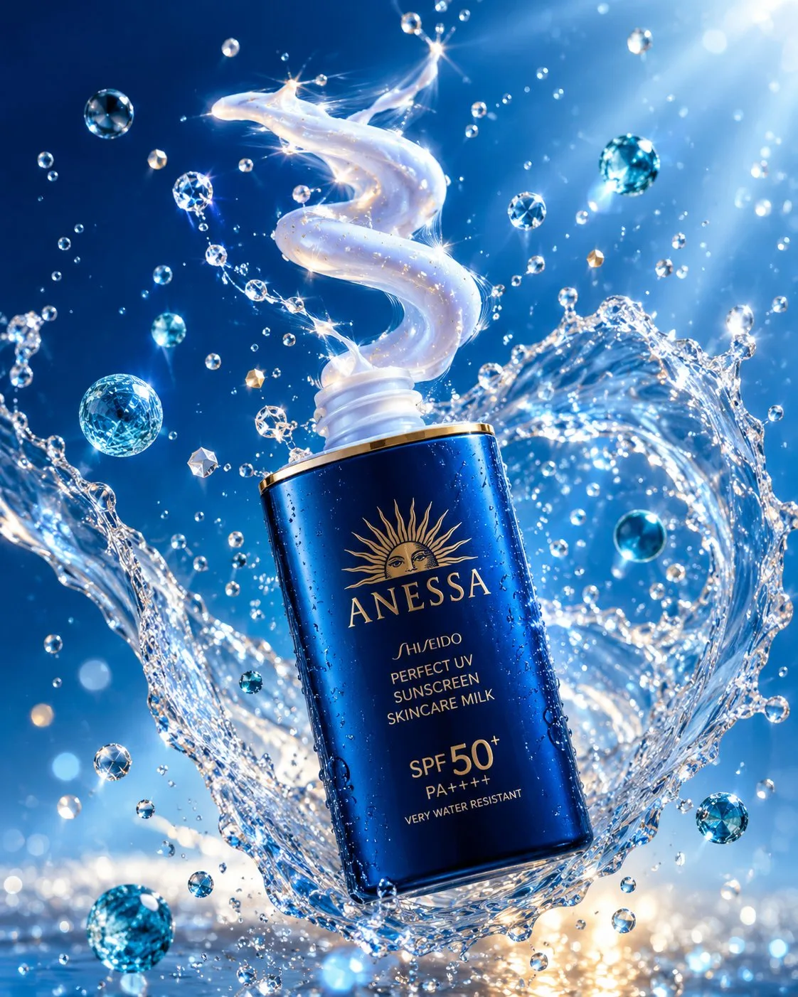 hyperrealistic premium sunscreen product explosion shot