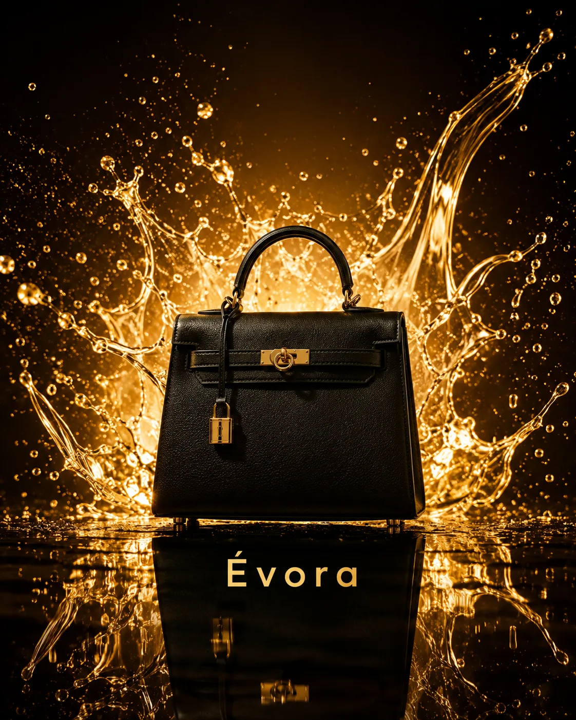 ultra-premium luxury handbag ad with molten-gold splash