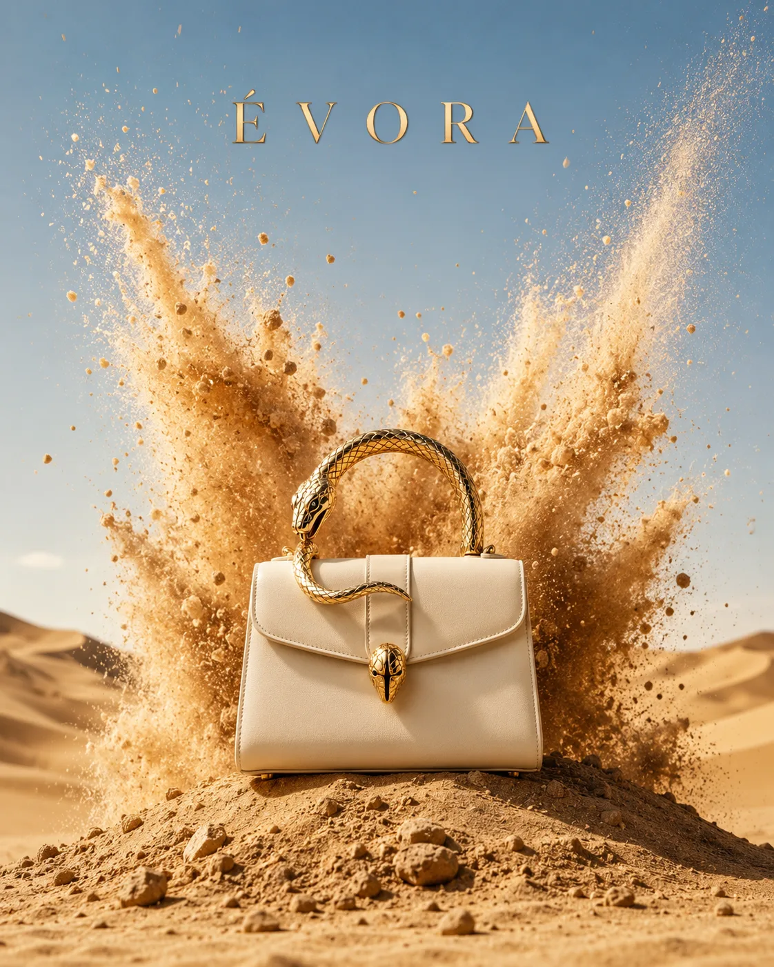 ultra-premium luxury handbag ad — serpent-handle editorial