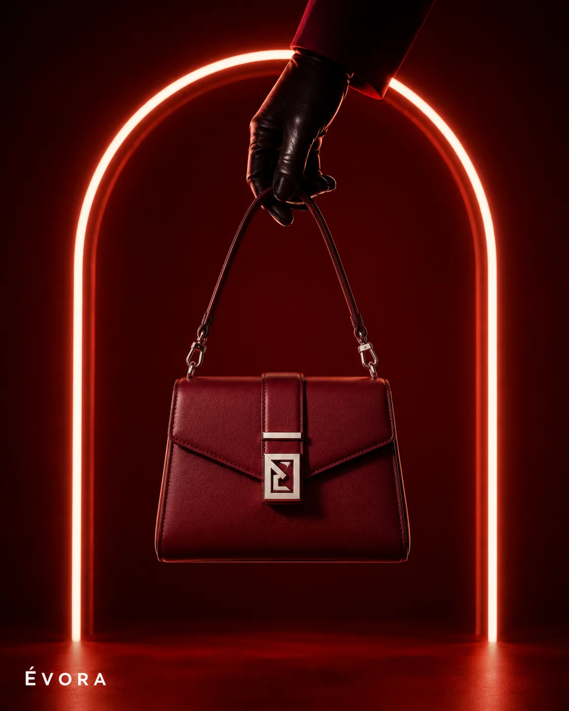 ultra-premium burgundy handbag neon-arch campaign