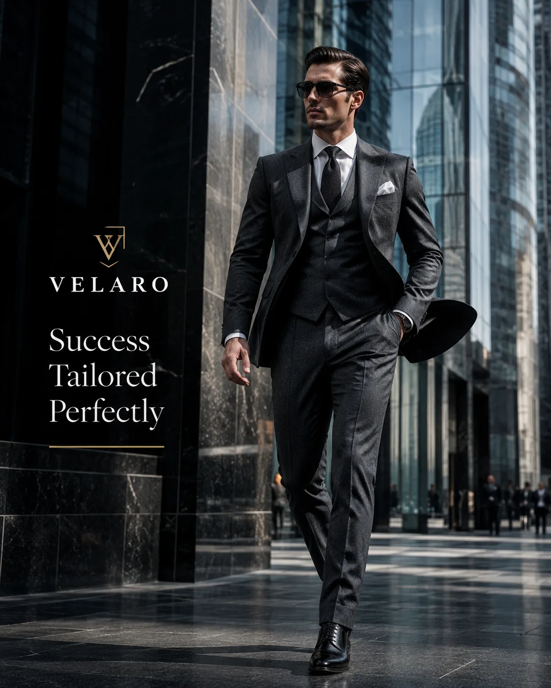 Velaro charcoal three-piece suit campaign