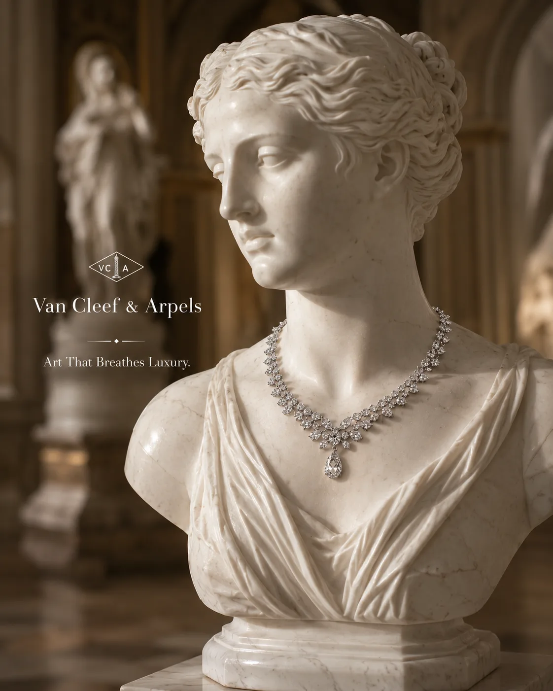 ultra-realistic van cleef & arpels necklace on greek marble bust