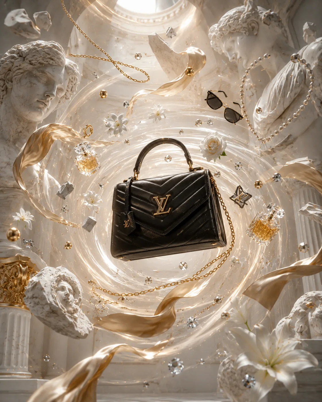 gravity-bent luxury handbag editorial