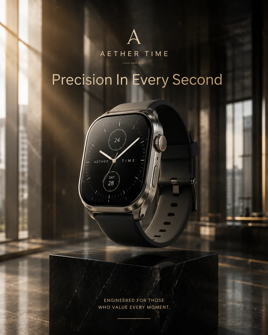 AETHER TIME ultra-premium brushed-titanium smartwatch ad