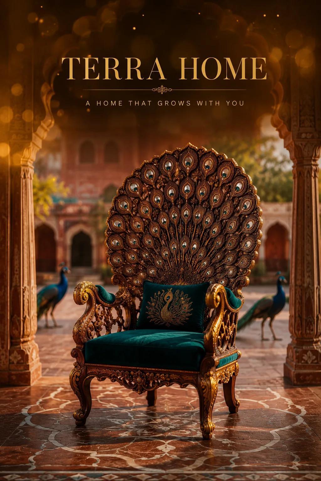 Peacock Throne Chair product portrait in Rajasthani palace courtyard