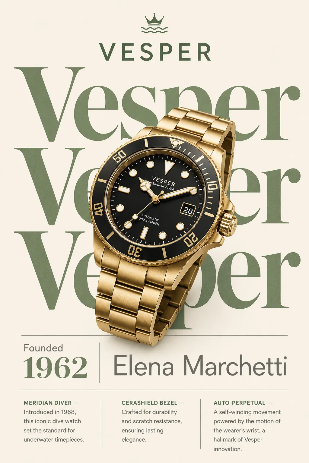 Vesper Meridian Diver typographic poster