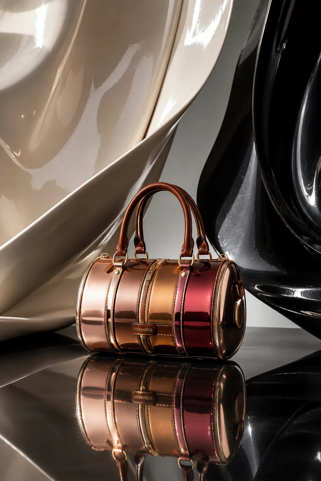 luxury metallic barrel handbag editorial