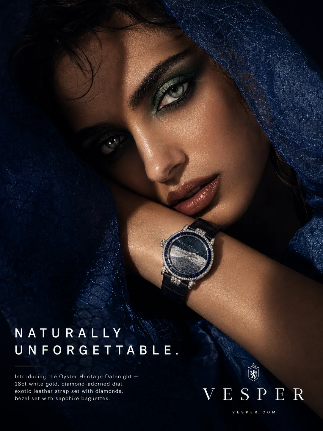 moody high-fashion beauty ad featuring vesper oyster heritage datenight watch