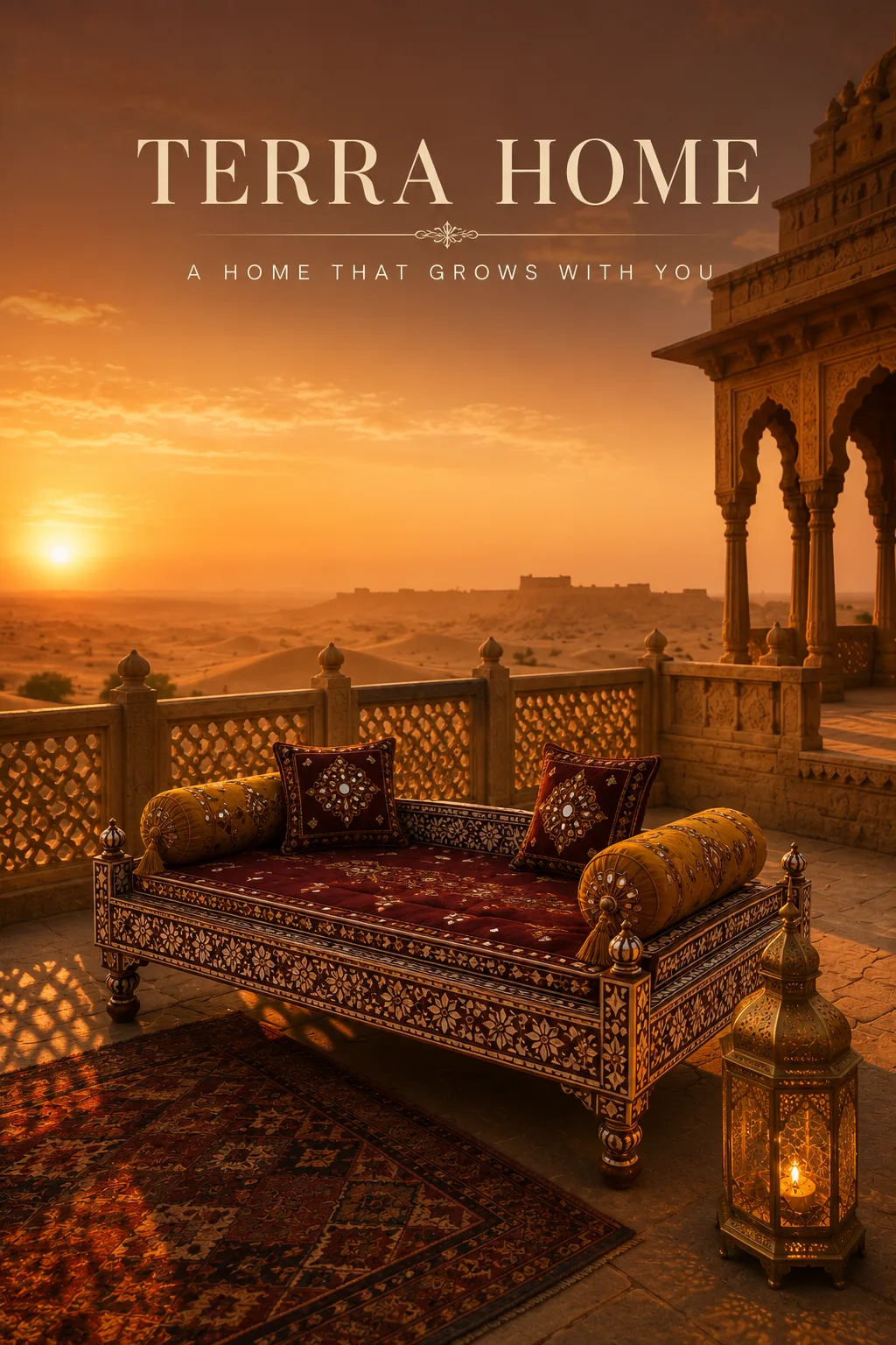 camel bone inlay daybed on desert fort terrace
