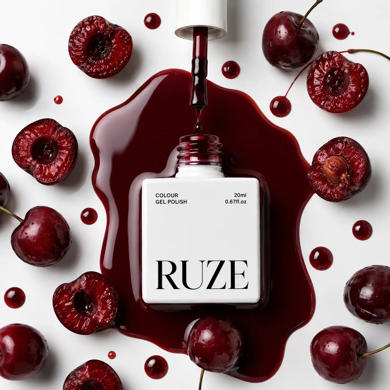 overhead flat-lay gel polish bottle in cherry syrup