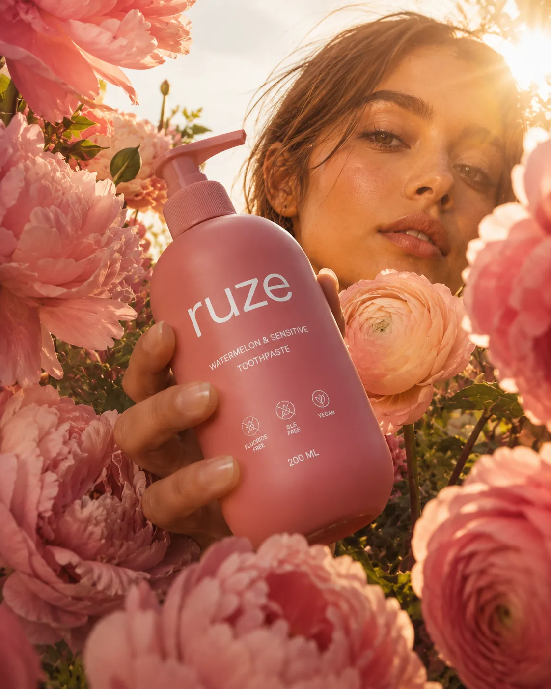 golden-hour beauty product shot through pink peonies