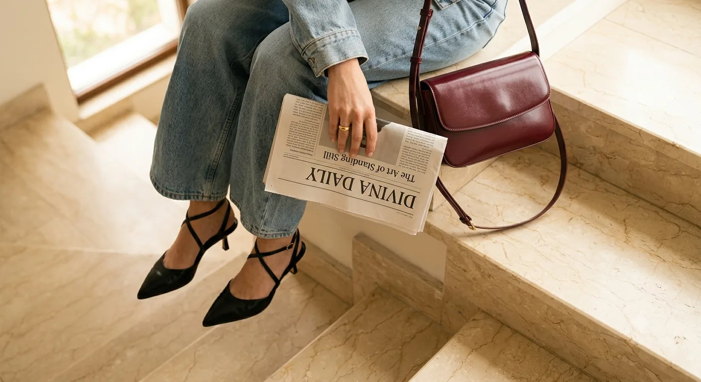 overhead editorial fashion photo — legs dangling on marble stairs