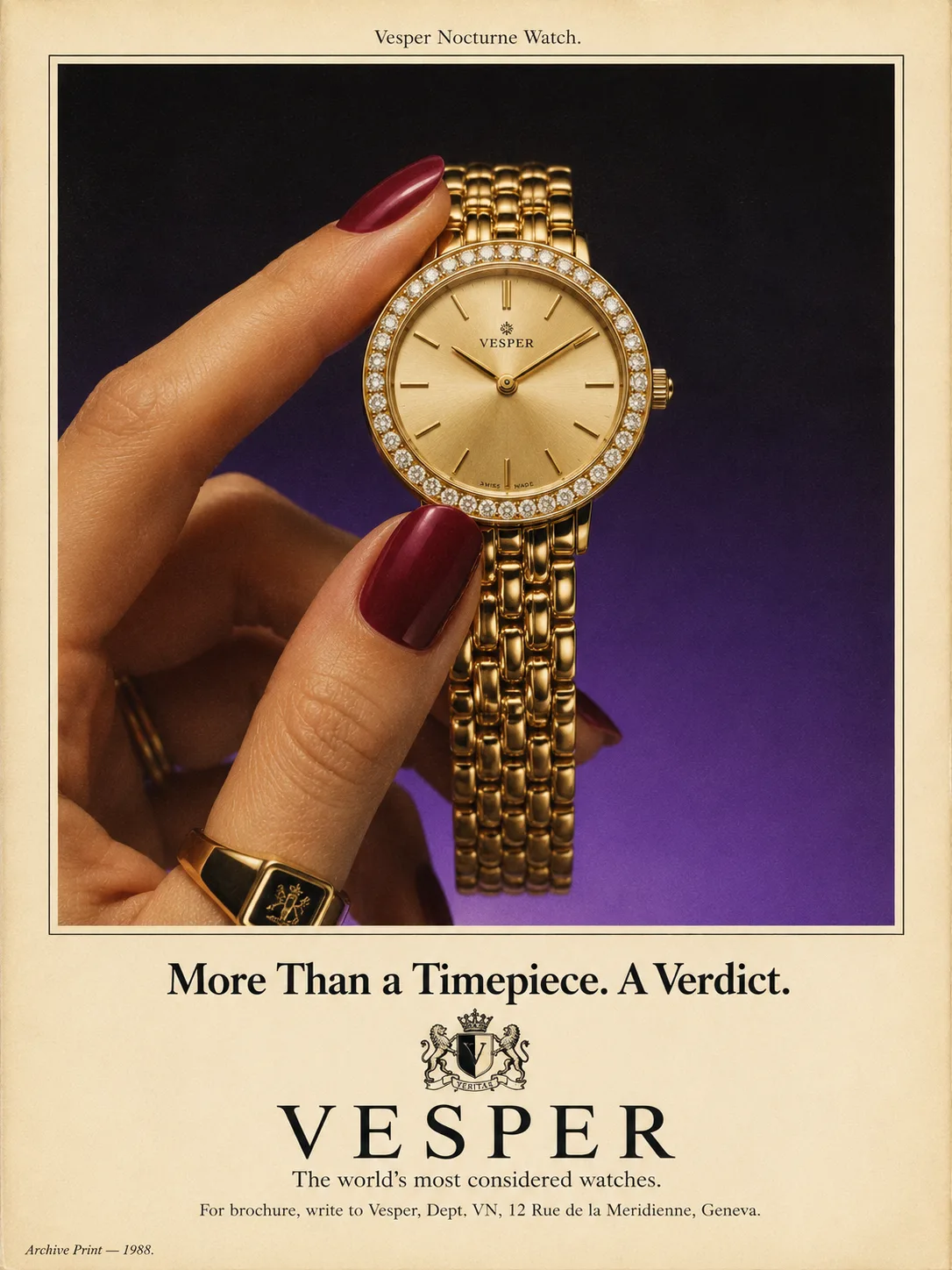 vintage 1980s luxury watch print ad - vesper nocturne
