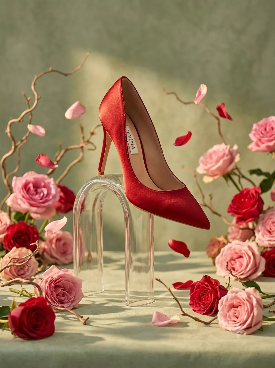 editorial still-life red satin stiletto pumps