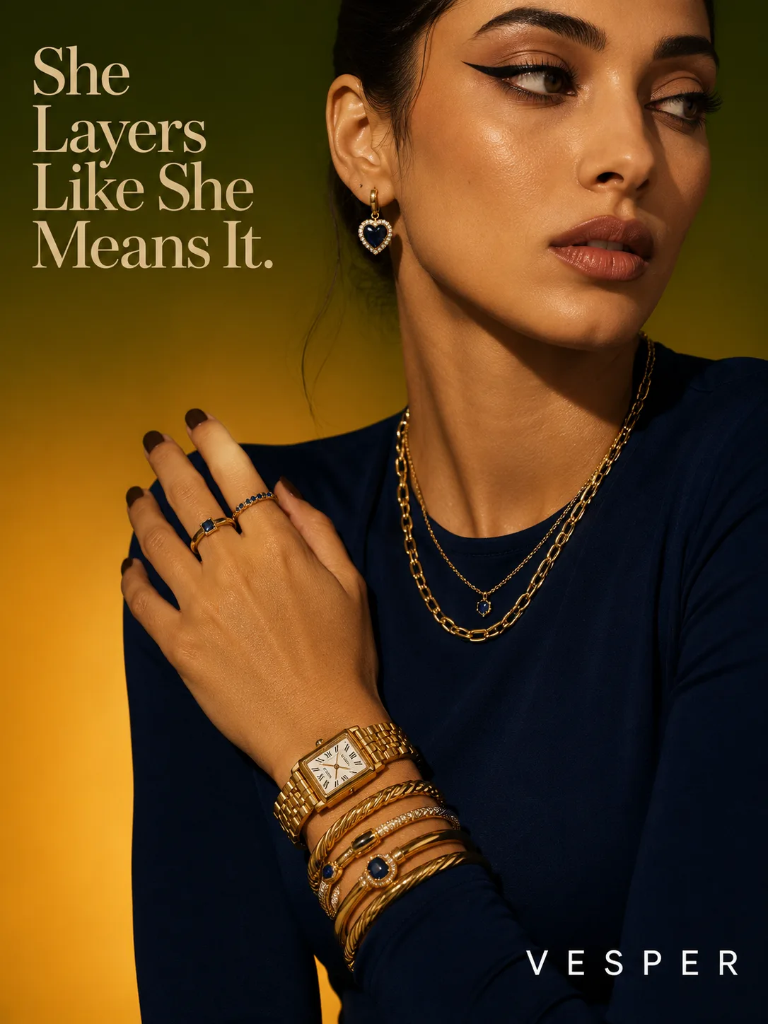 Bold beauty-editorial with VESPER watch and layered sapphire jewelry