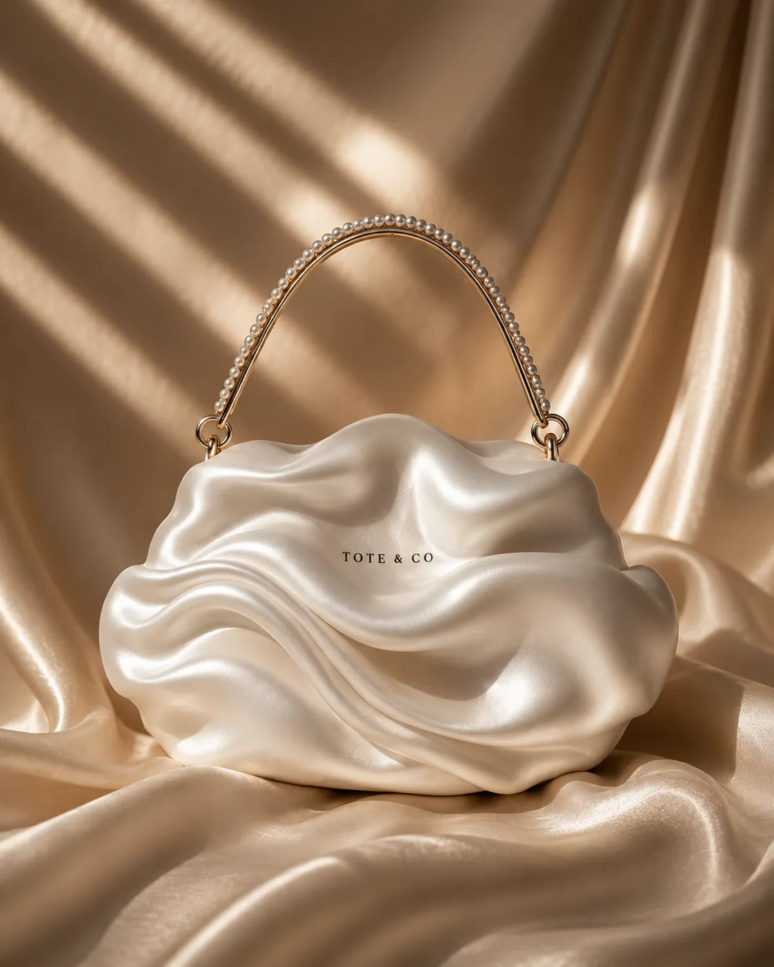 pearlescent-satin-ruched-clutch-with-rose-gold-handle