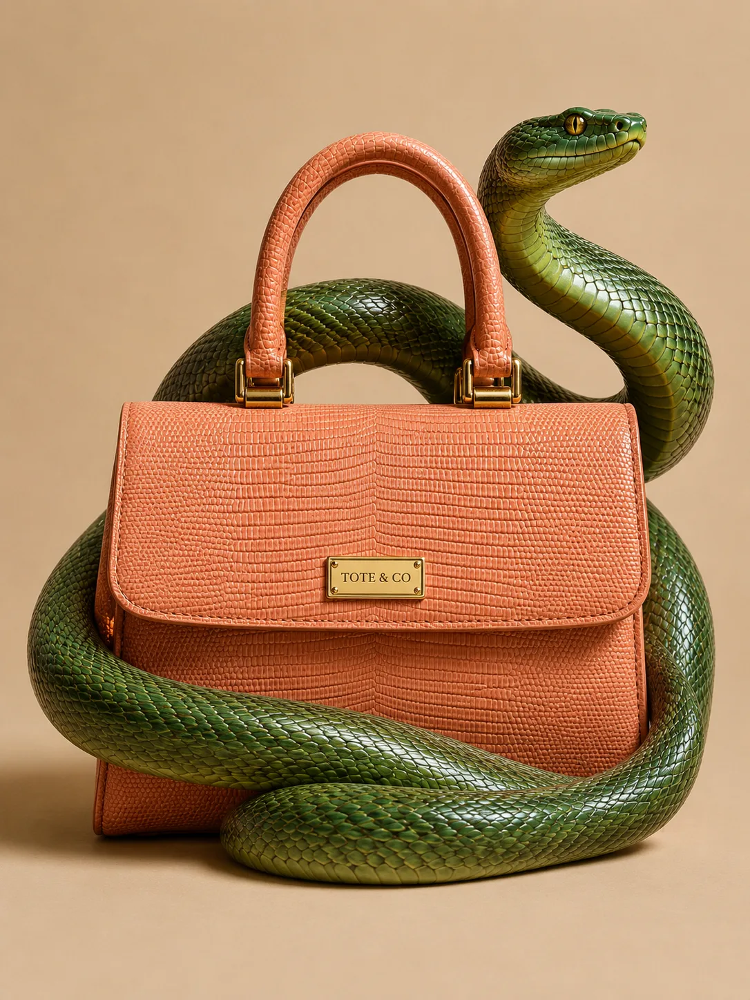 deep-peach-guava-designer-handbag-with-green-snake