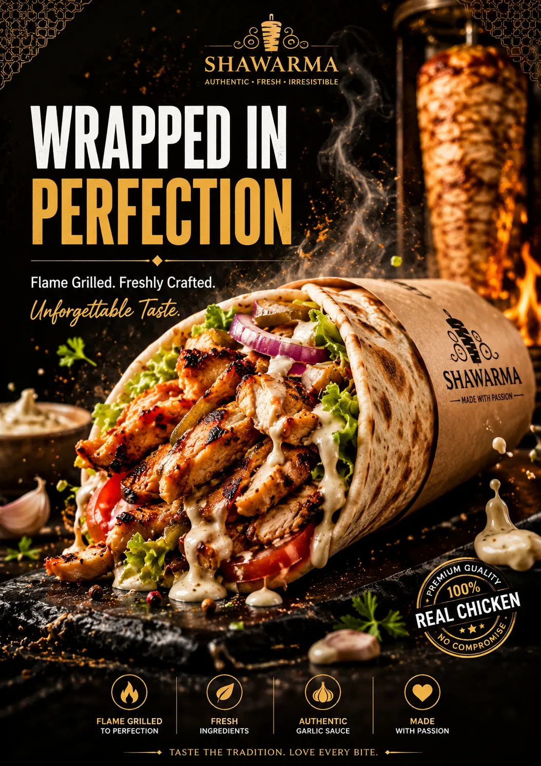 ultra-premium cinematic chicken shawarma poster