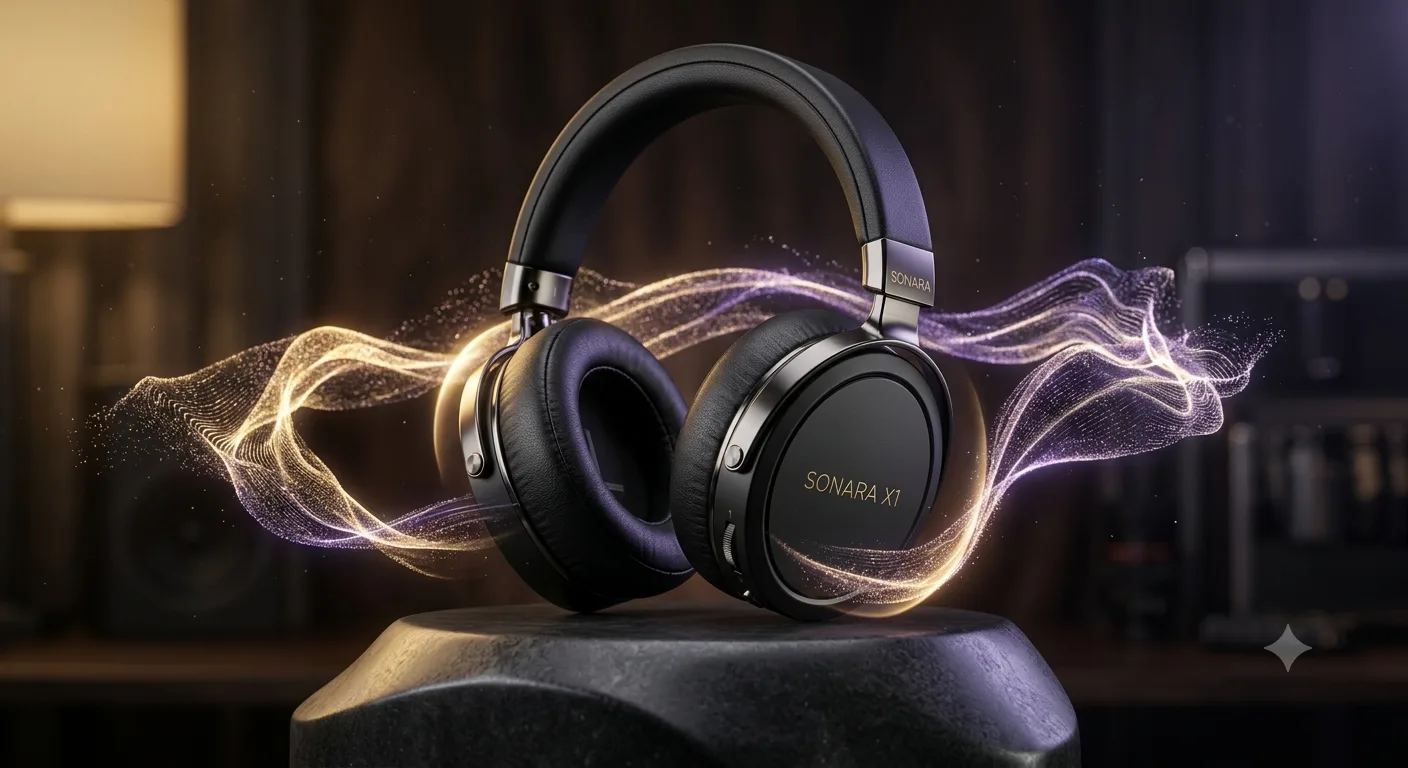 sonara x1 luxury wireless headphones on stone pedestal