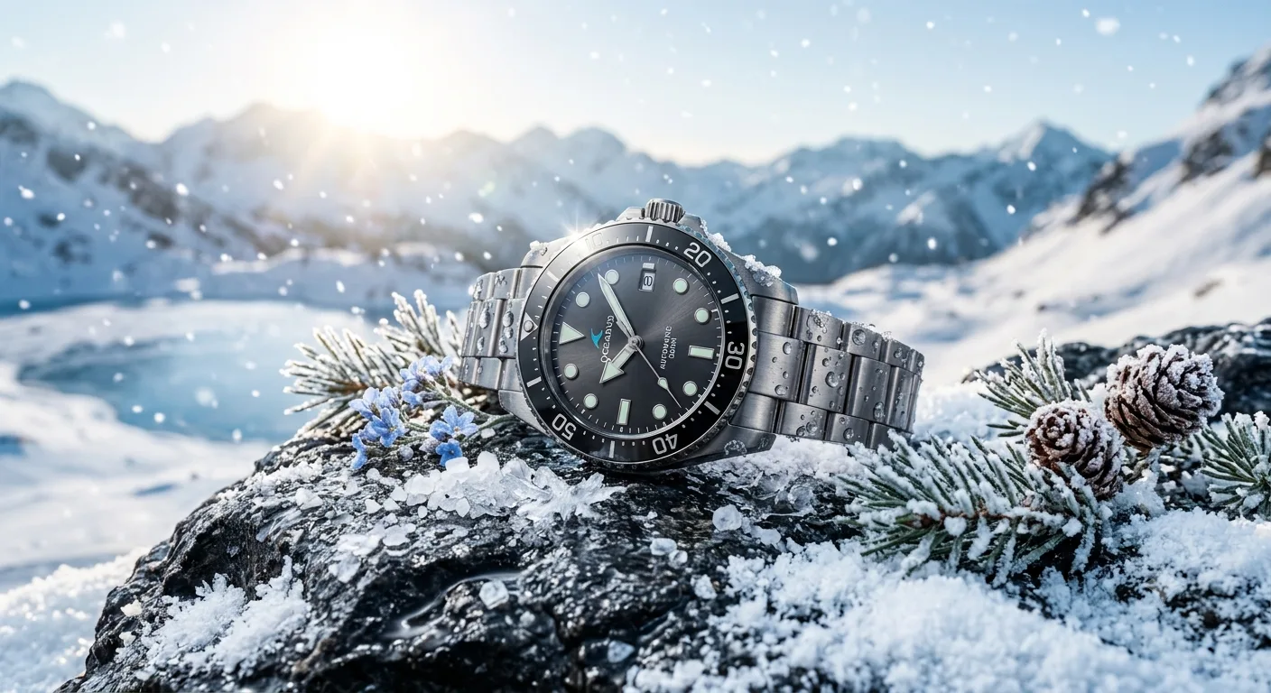 titanium luxury sports watch on snowy mountain rock