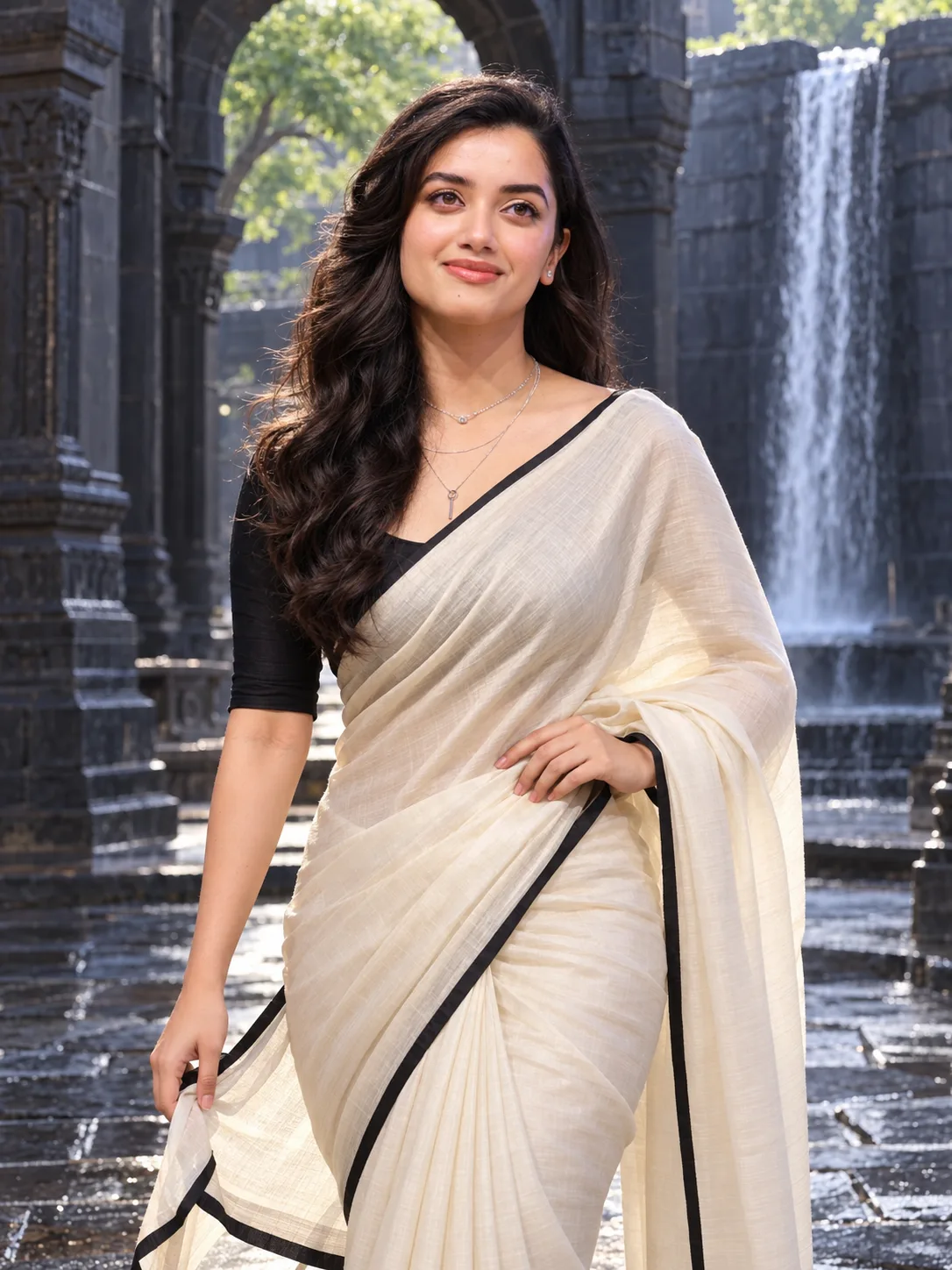 Serene Saree Portrait by the Waterfall.png