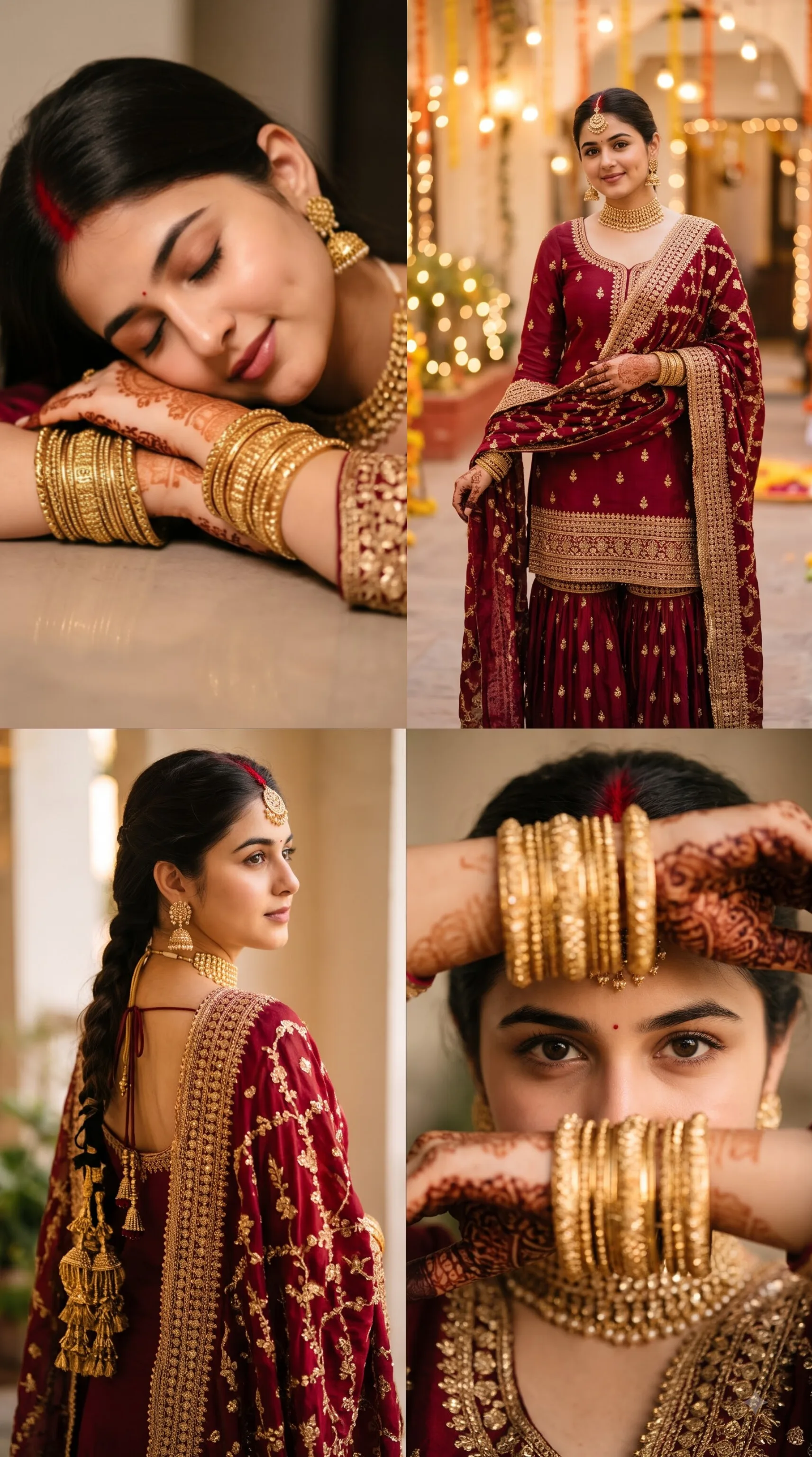 2x2 cinematic collage of South Asian bridal portrait in maroon sharara