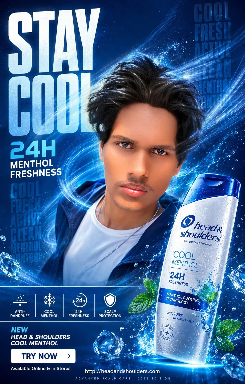 high-impact commercial poster — male model with anti-dandruff shampoo