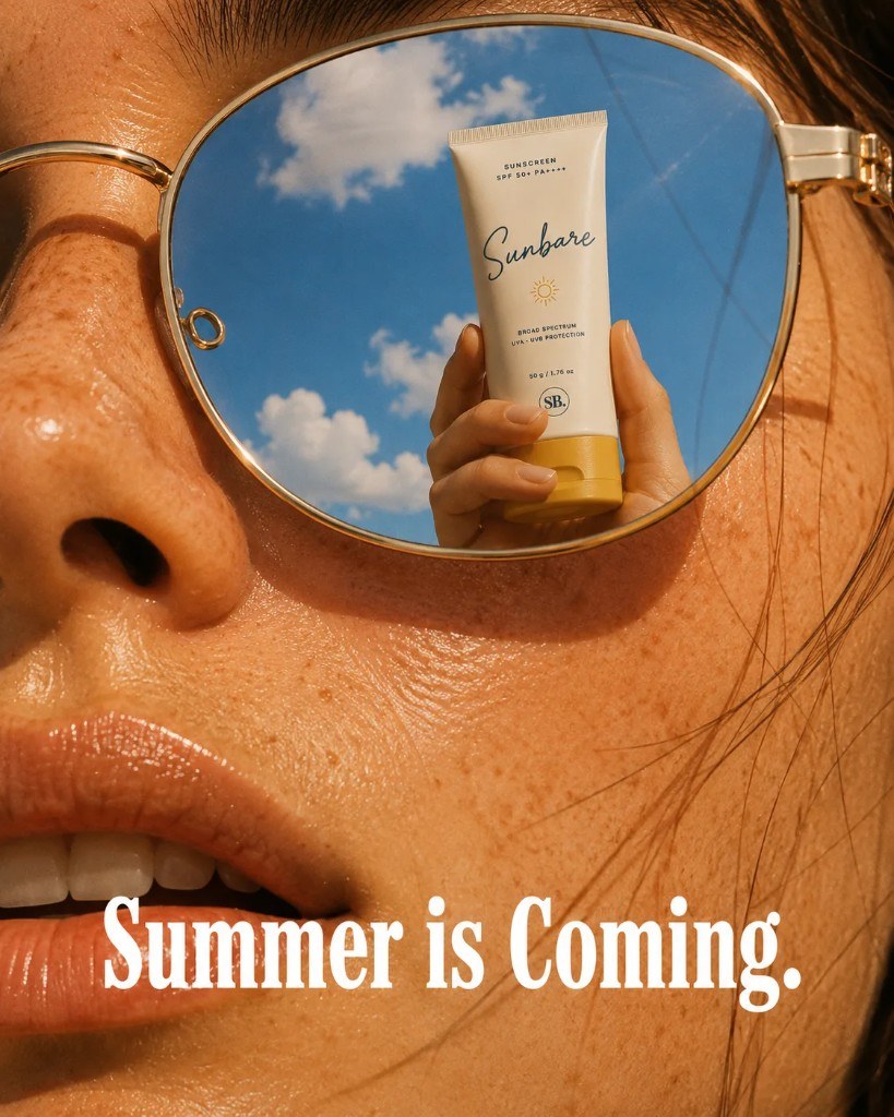 Close-up campaign creative of sunglasses reflecting a sunscreen tube