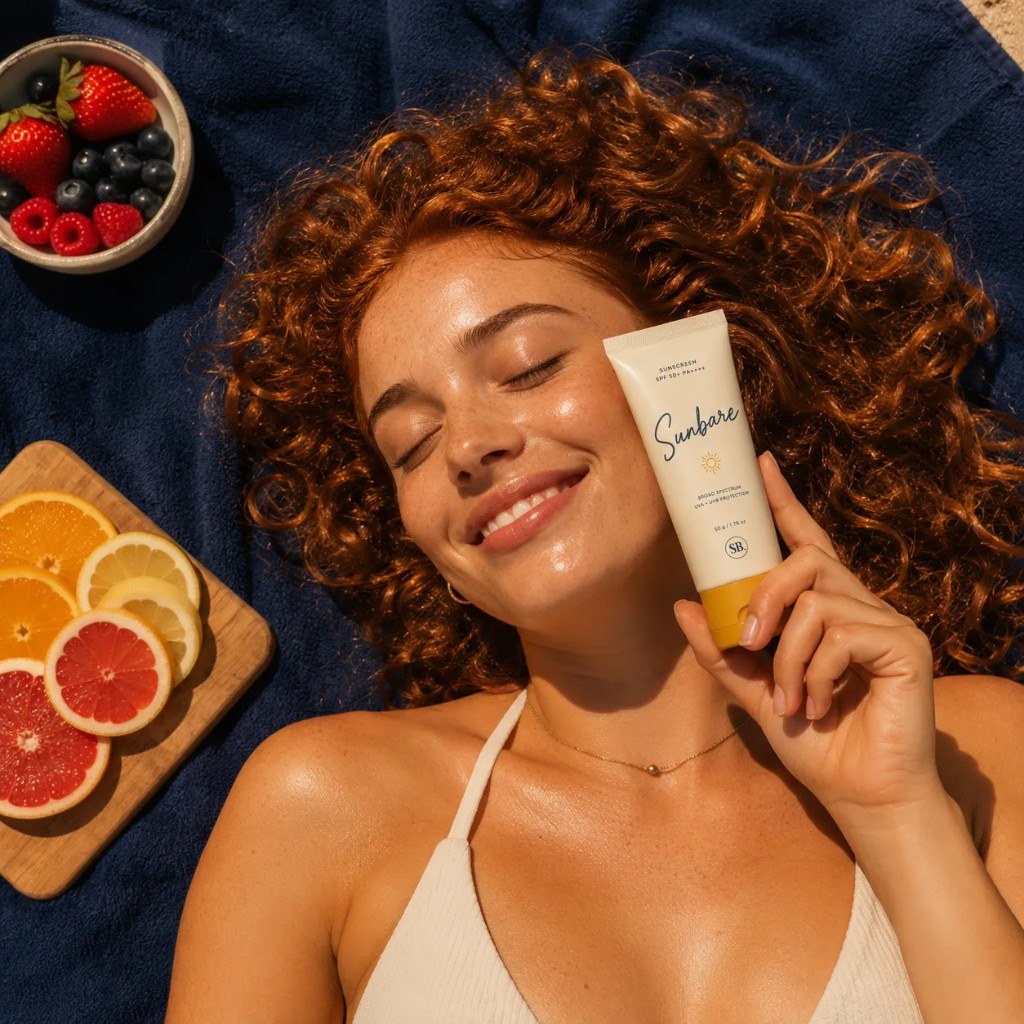 Lifestyle campaign photo of a woman holding sunscreen on a beach towel