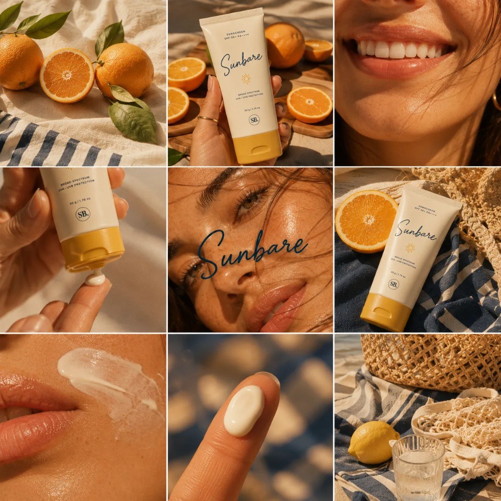 Nine-frame lifestyle collage campaign for a sunscreen brand