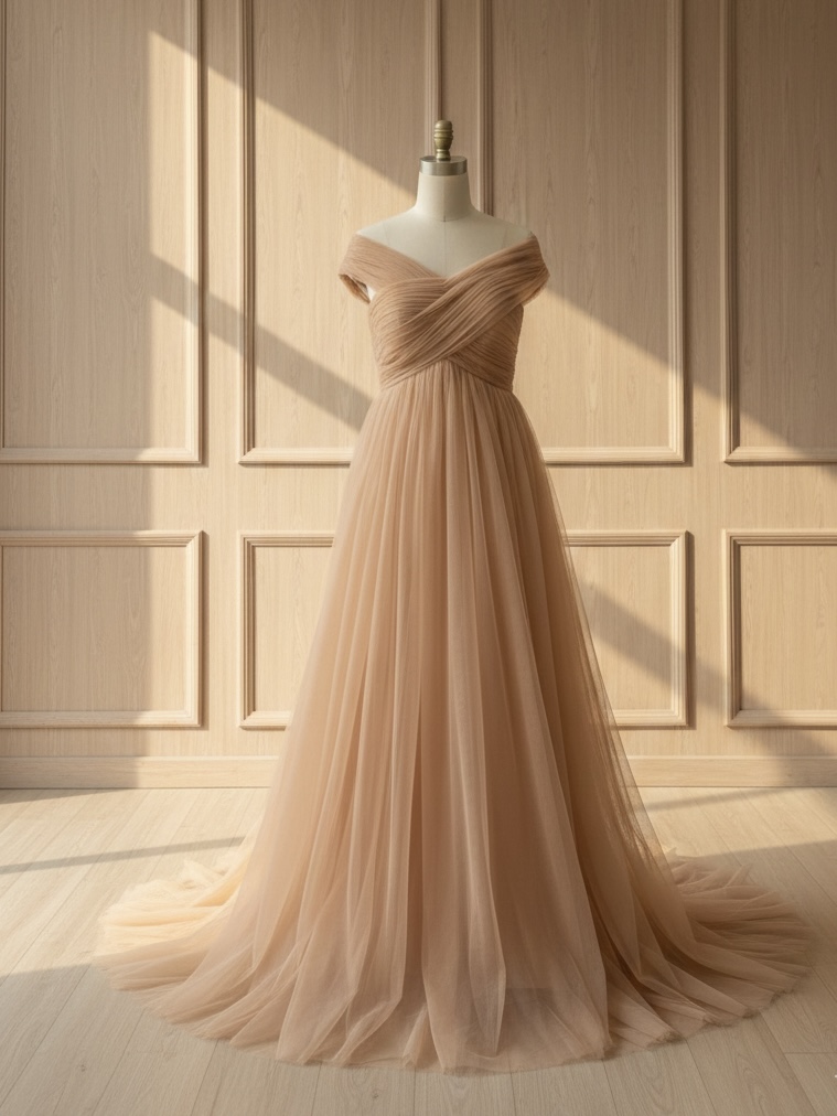 Peach Blush Off-Shoulder Tulle Gown
