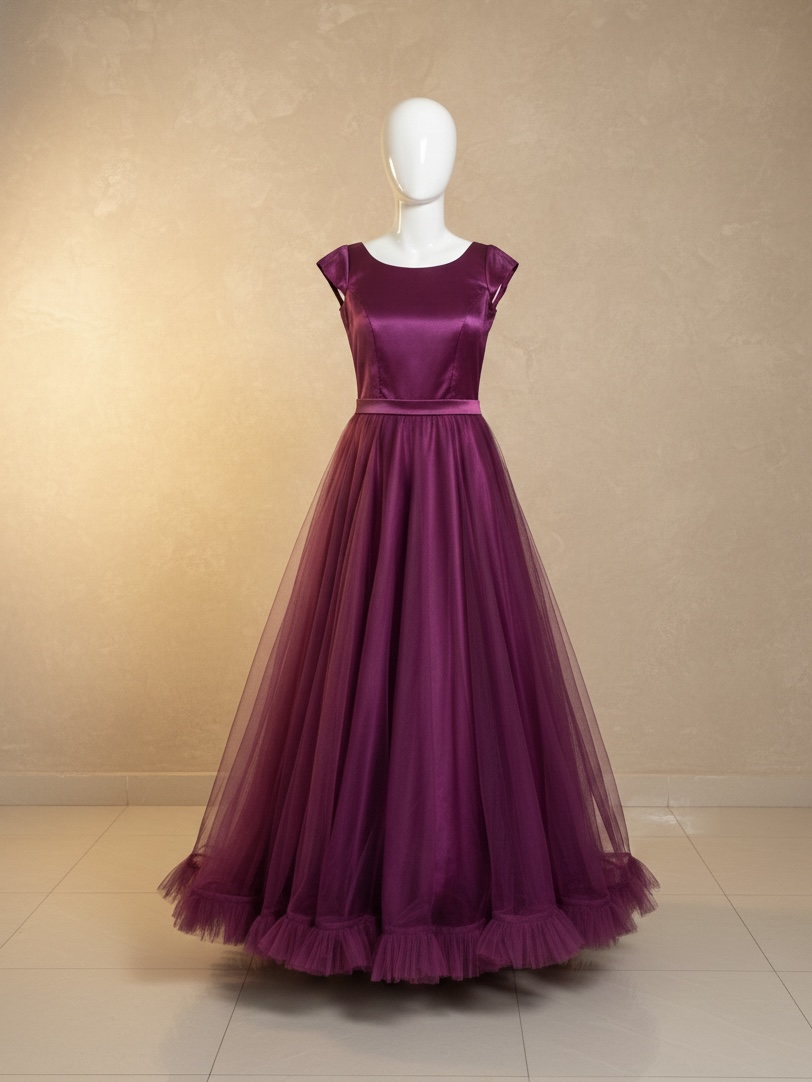 Cap-Sleeve Satin and Ruffled Tulle Gown.