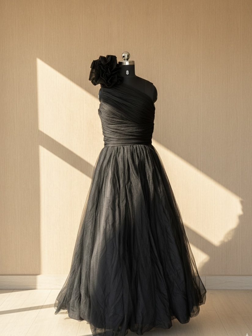 Midnight Bloom One-Shoulder Gown