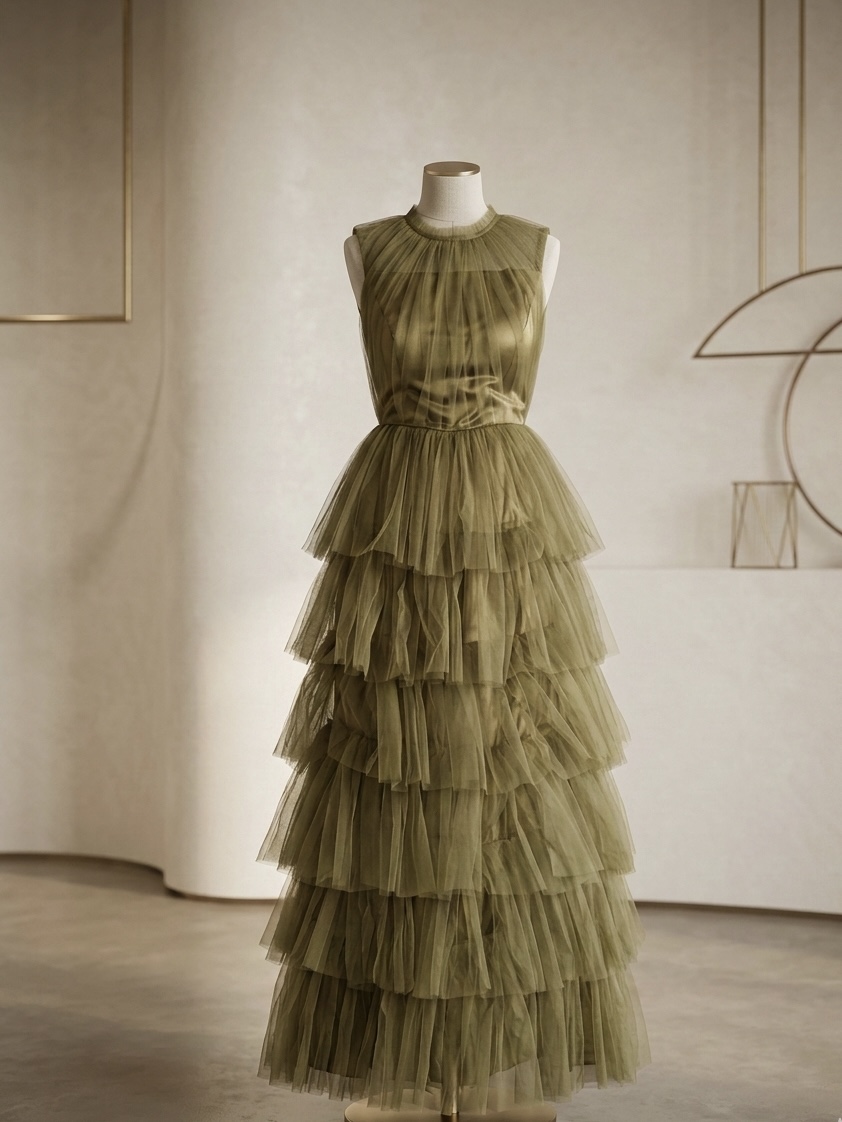 Olive Tulle Tiered Ruffle Gown