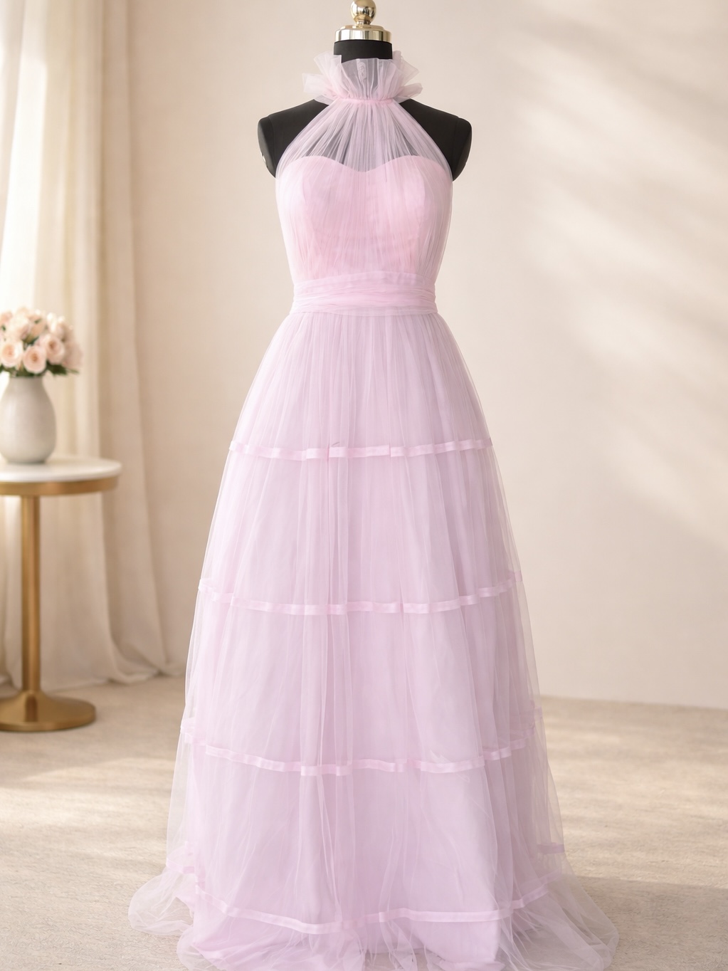Blush Pink Tiered Halter Tulle Gown 